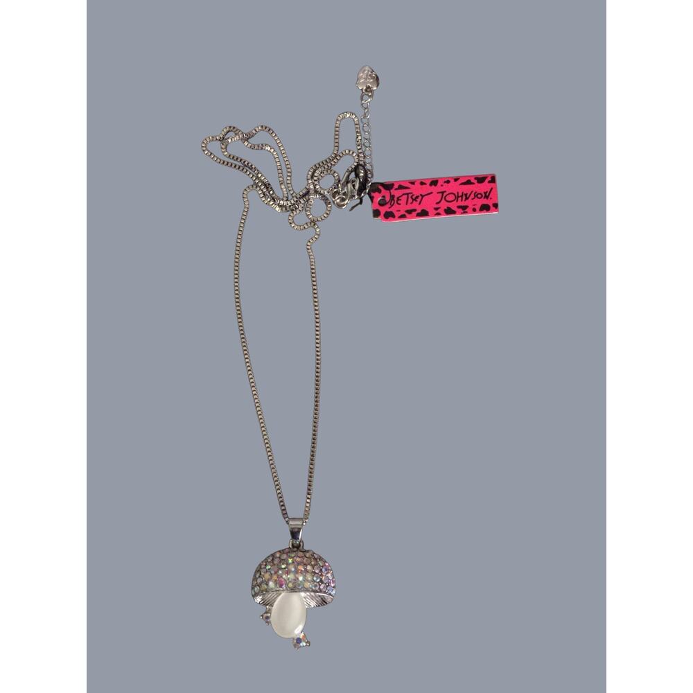Betsey Johnson Rhinestone Mushroom Necklace  Silver Tone Pendant NWT